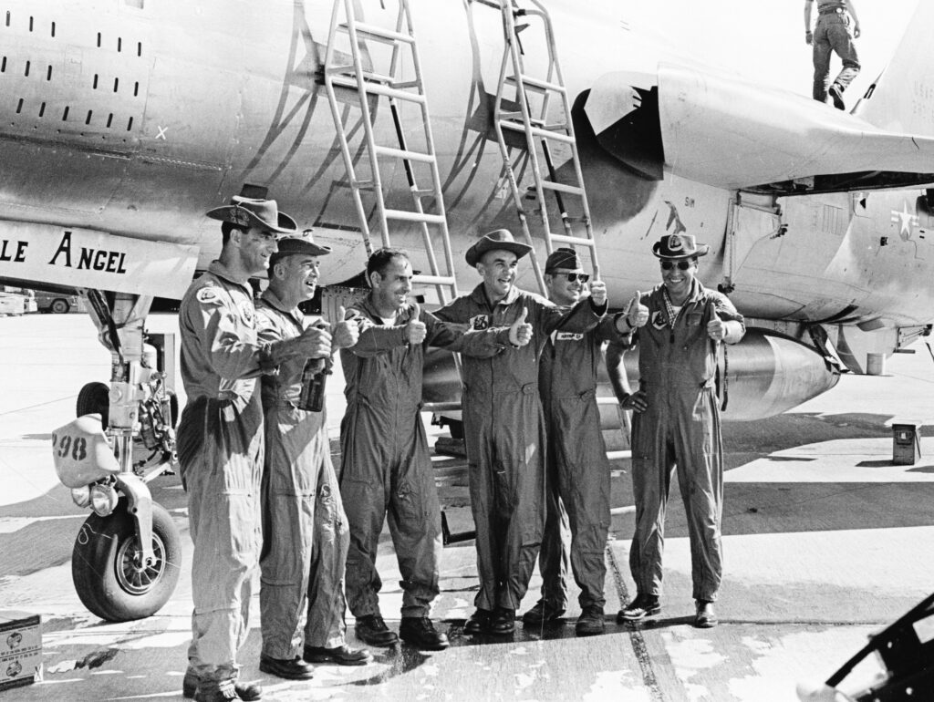 Pete Psouprake and Bill Robinsons 100th mission celebration. L to Right. Pete Tsouprake, Bill Robinson,Bob Tondearu,Ken Ryckman,Clyde Hayman, Mack Angel.